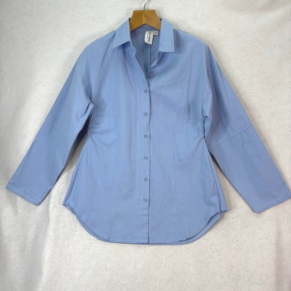 Collusion Blue Ruched Side Button Down Collared Shirt Women 12 Minimalist Fitted
